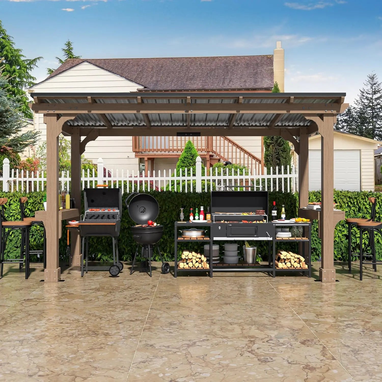 Cushy Crusader Outdoor Patio Gazebo, BBQ Backyard Gazebo with Cedar Frame, Grill Gazebo with Sloping Steel Roof Design for Barbecue, Deck