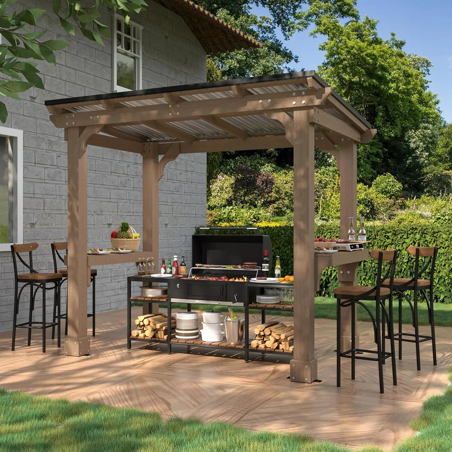 Cushy Crusader Outdoor Patio Gazebo, BBQ Backyard Gazebo with Cedar Frame, Grill Gazebo with Sloping Steel Roof Design for Barbecue, Deck
